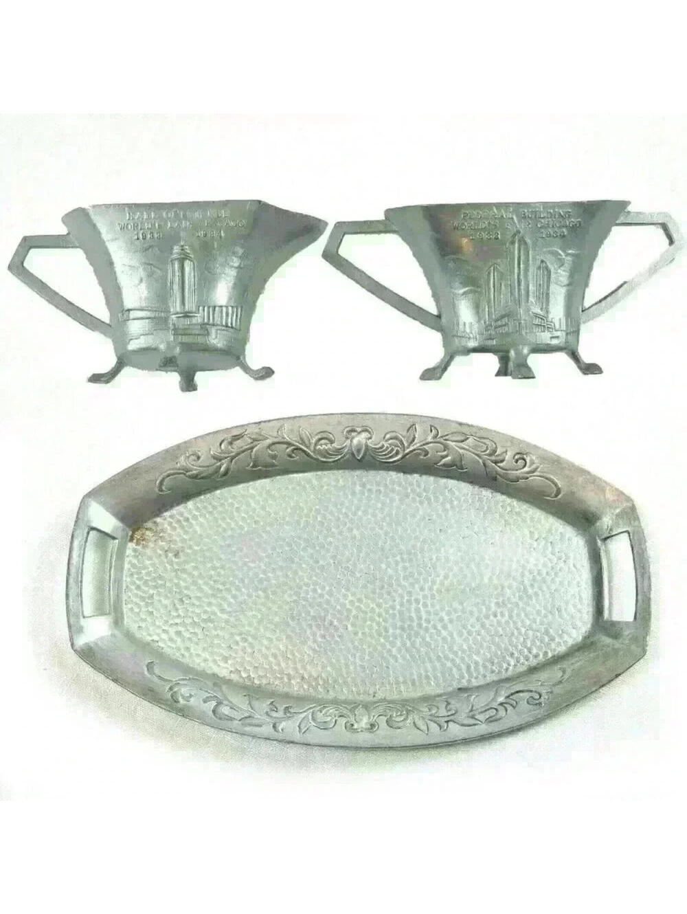 Chicago Worlds Fair Creamer Sugar Tray Set Hall Science Art Deco Vintage 1933